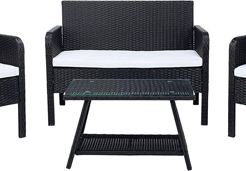 4 Piece Patio Furniture All Weather Outdoor Sectional Sofa Set (Black and White) - Image 5