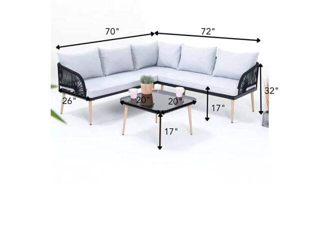DEVOKO L-Shaped Outdoor Conversation Sofa Set with Rope Woven Design, Cushions, and Side Table (Black/White) - Image 4
