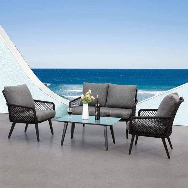 DEVOKO 4-Seater Outdoor/Indoor Sofa Set with Center Table & Cushion Chairs (Black/Grey) - Image 6