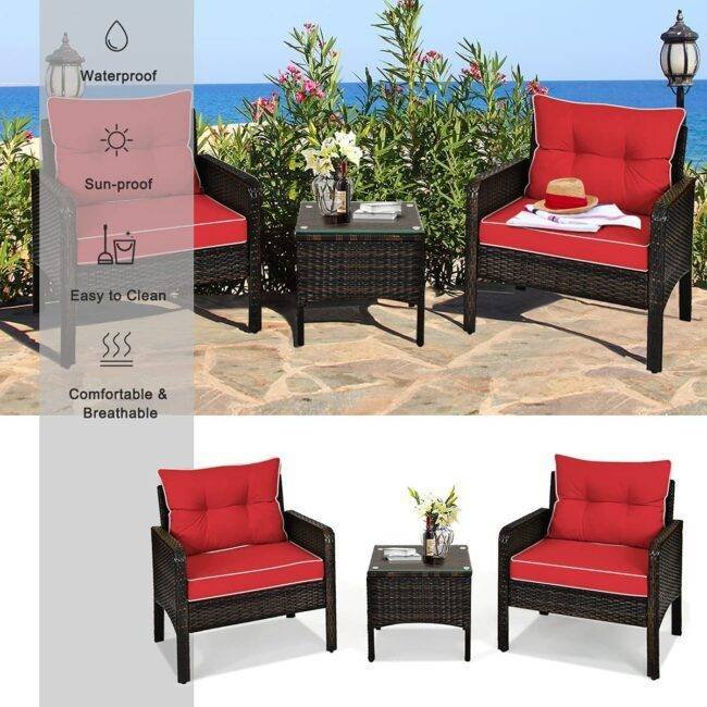 3-Piece Rattan Wicker Patio Furniture Set - Dark Brown/Red - Image 5