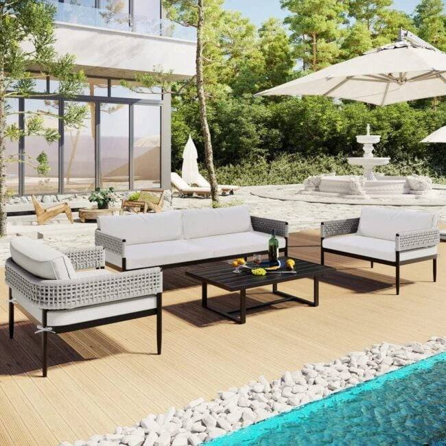Devoko 4 Seater Conversation Sofa Set: Stylish Rope Furniture with Cushions and Center Table (Grey/White) - Image 5