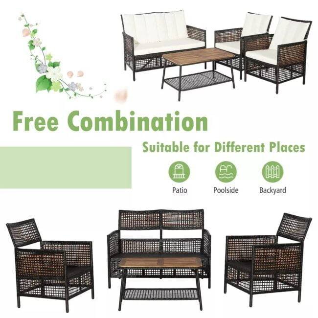 DEVOKO 4PCS Wicker Patio Furniture Set (Dark Brown & Off-white) - Image 5