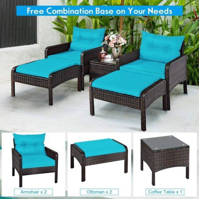 Devoko 5-Piece Wicker Patio Furniture Set with Ottomans & Coffee Table (Dark Brown/Sky Blue) - Image 5