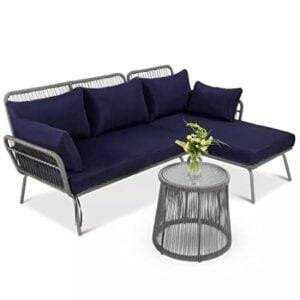 DEVOKO L-Shaped Outdoor Sofa Set with Rope Woven Design - Grey & Navy-blue
