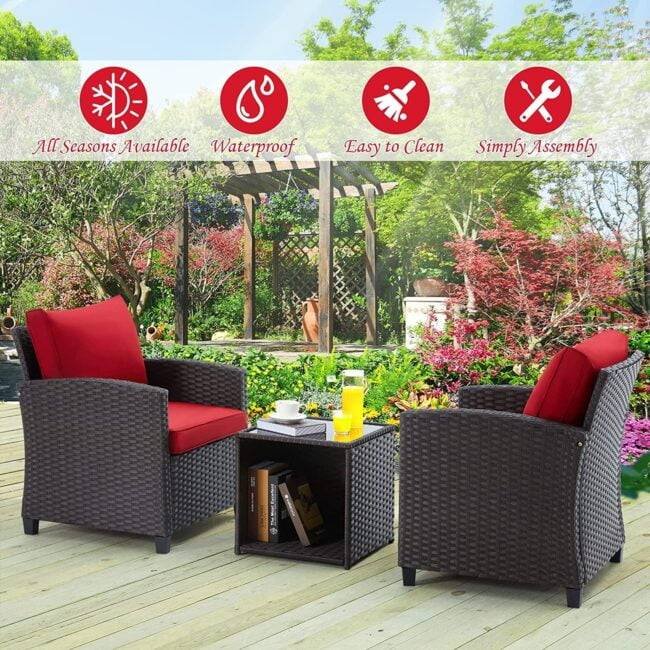 DEVOKO 3PCS Rattan Conversation Set (Dark Brown & Red) - Image 5