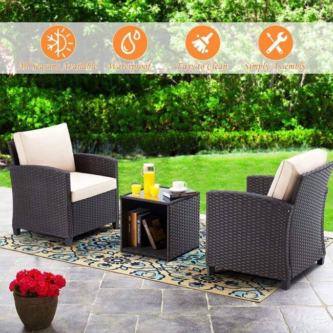 DEVOKO 3PCS Rattan Conversation Set (Dark Brown & Cream) - Image 5