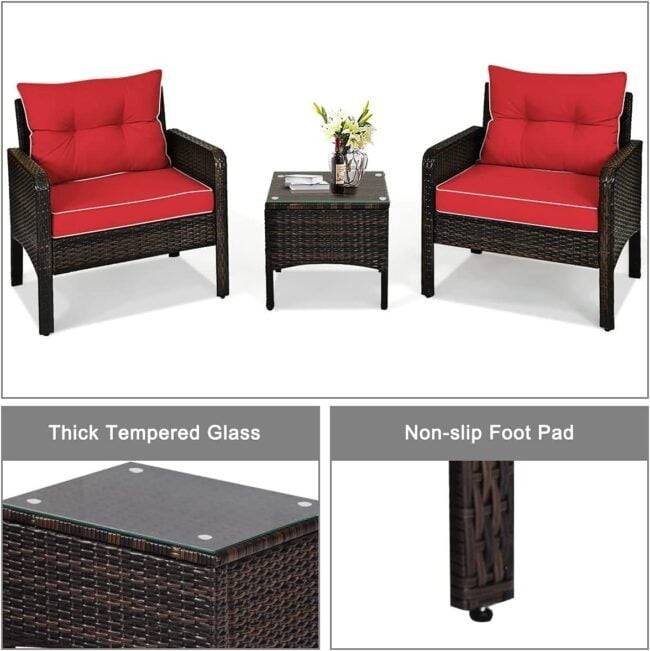 3-Piece Rattan Wicker Patio Furniture Set - Dark Brown/Red - Image 6