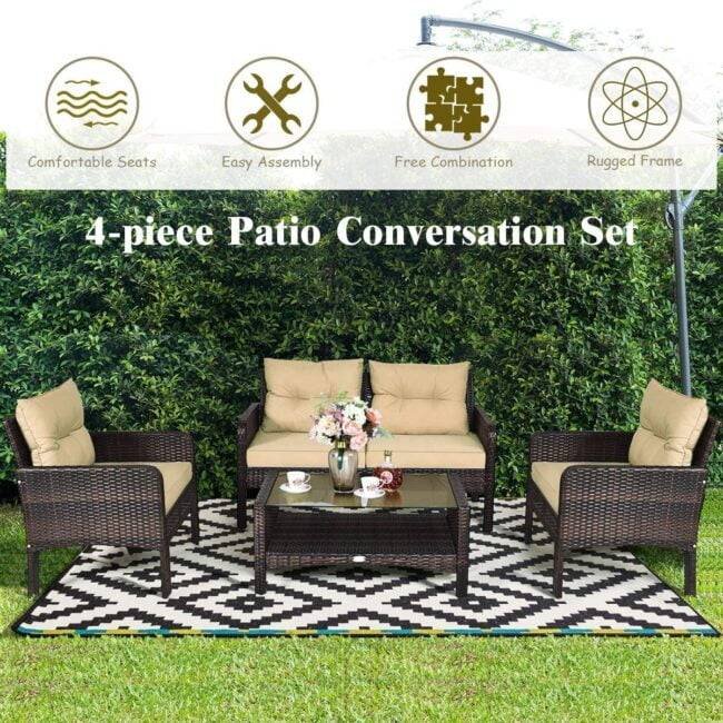 DEVOKO 4pc Outdoor Rattan Wicker Patio Set (Dark Brown & Cream) - Image 6