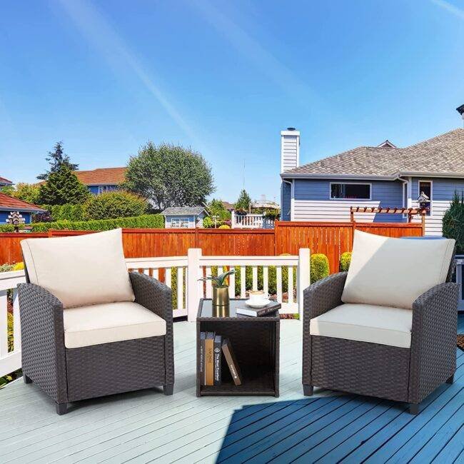 DEVOKO 3PCS Rattan Conversation Set (Dark Brown & Cream) - Image 6