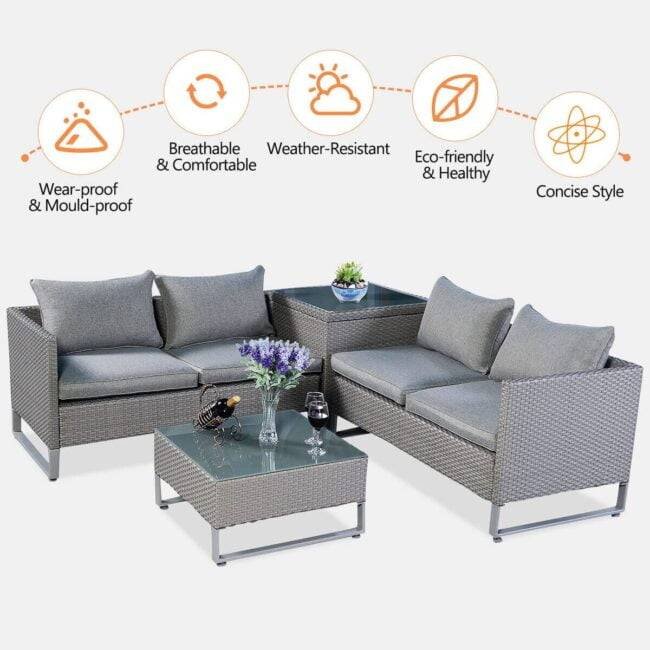 DEVOKO Rattan 4-Seater Sofa Set (Grey) - Image 6
