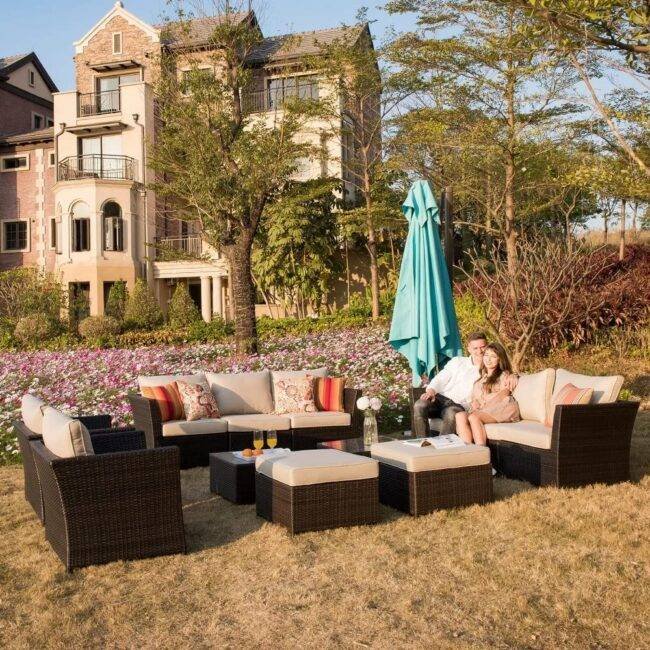 DEVOKO Outdoor Wicker Sectional Set (Dark Brown/Cream) - Image 6