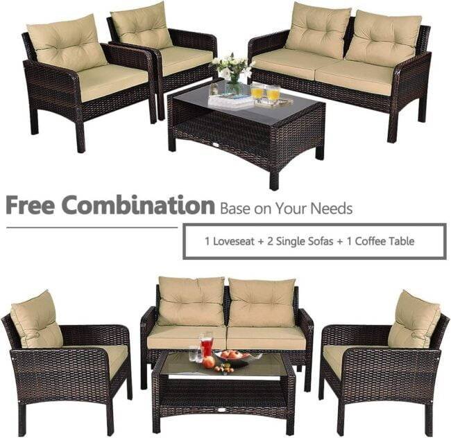 DEVOKO 4pc Outdoor Rattan Wicker Patio Set (Dark Brown & Cream) - Image 7