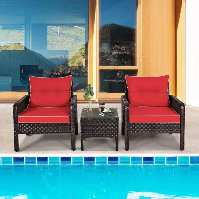 3-Piece Rattan Wicker Patio Furniture Set - Dark Brown/Red - Image 7