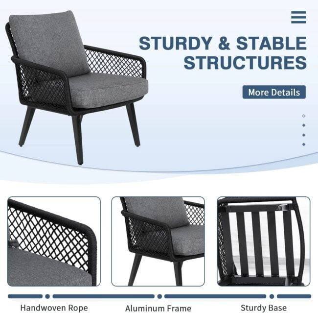 DEVOKO 4-Seater Outdoor/Indoor Sofa Set with Center Table & Cushion Chairs (Black/Grey) - Image 2