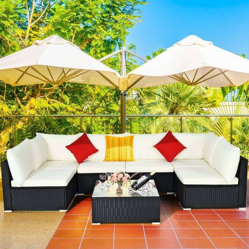 Outdoor L-Shape Patio Sectional Sofa Set with Cushions and Coffee Table (Black/White) - Image 5