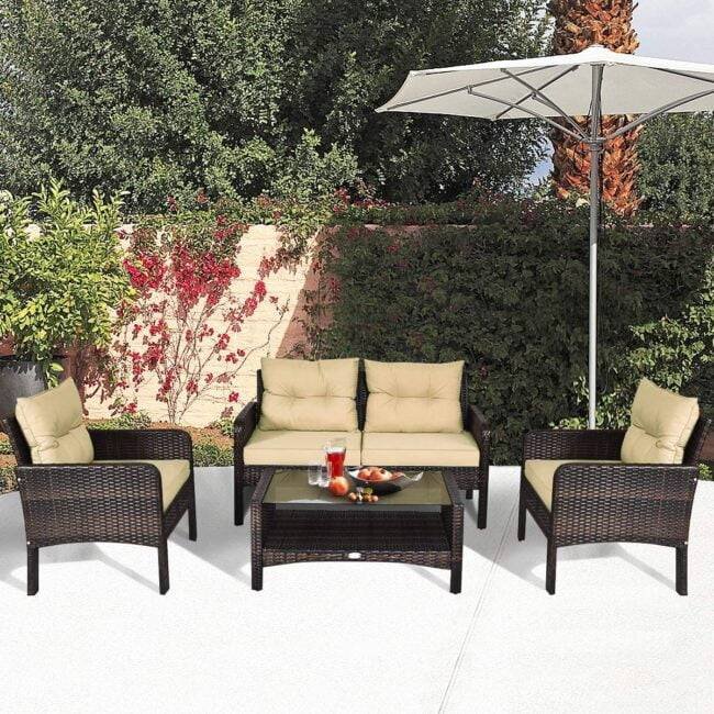 DEVOKO 4pc Outdoor Rattan Wicker Patio Set (Dark Brown & Cream) - Image 8