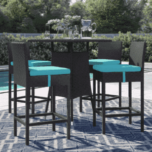 DEVOKO 5 Piece Patio Heighted Wicker Bar Set Outdoor Furniture(Dark Brown & Sky-blue)