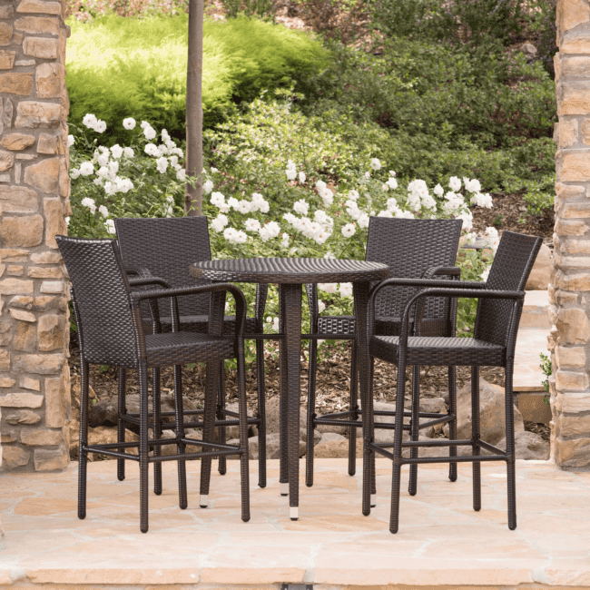 DEVOKO 5 Piece Outdoor Bar Table & Chair Set All Weather Wicker Furniture(Dark Brown) - Image 7