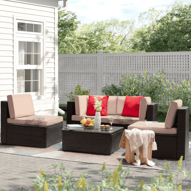DEVOKO 4 Pieces Outdoor Patio Sectional Sofa Couch (Dark Brown, Cream)