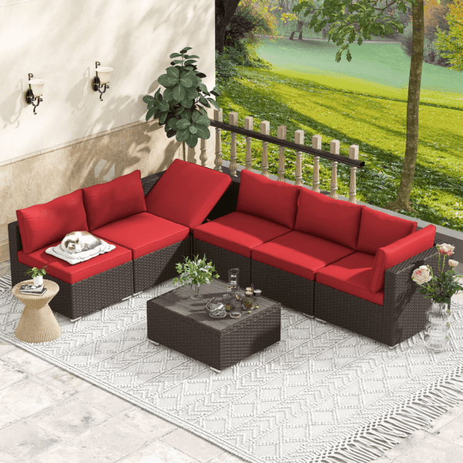 DEVOKO Outdoor Sectional Furniture 3 Piece (Dark Brown & Red)