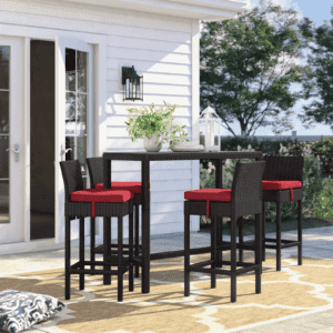 DEVOKO 5 Piece Patio Wicker Dining Bar Set Outdoor Rattan Furniture(Dark Brown & Red)