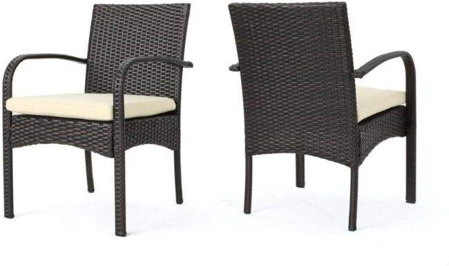 Dark Brown Rattan Patio Dining Chairs with Cream Cushion - Image 3