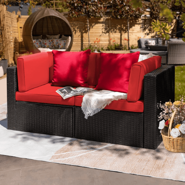 DEVOKO Outdoor Wicker Patio Sofa Set (Dark Brown, Red)