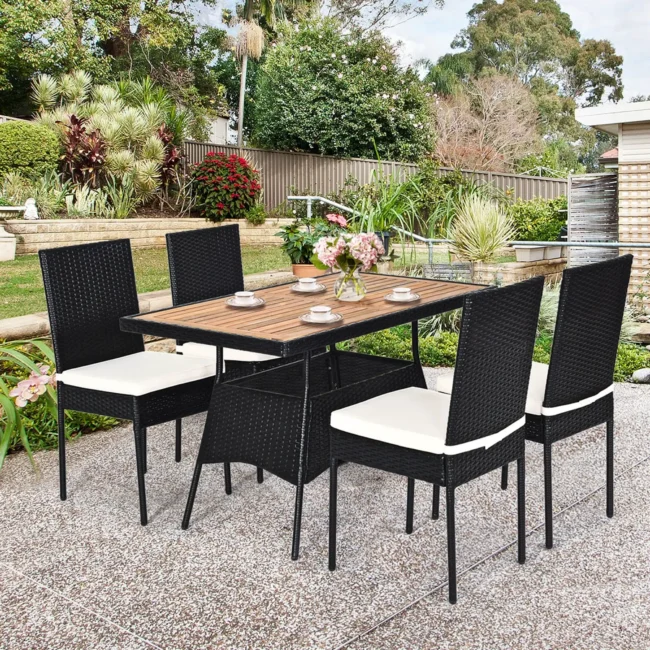 DEVOKO 5PCS Rattan Patio Dining Set Outdoor Cushion Wooden Tabletop (Black & White)