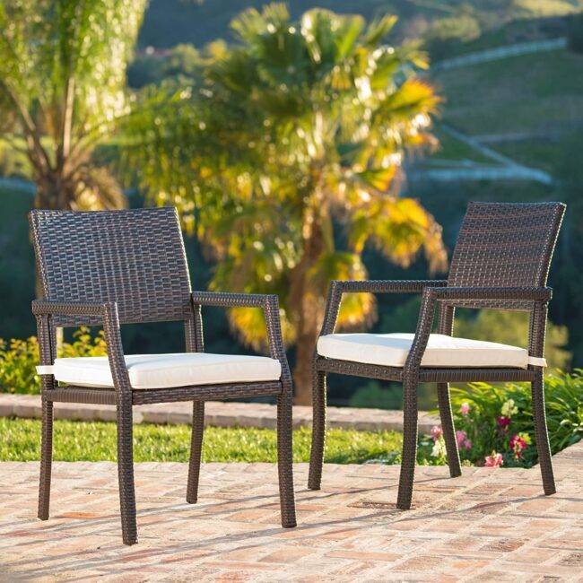 DEVOKO Wicker 2 Piece Chair with Cushion (Dark Brown & White)