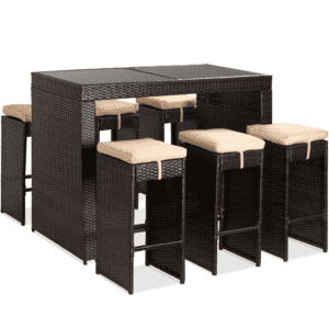 7-Piece Outdoor Wicker Bar Dining Set (Dark Brown & Cream)