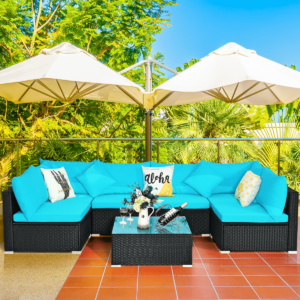 5 Pieces Outdoor Patio Furniture Wicker Sectional Sofa Set (Turquoise Blue and Black)