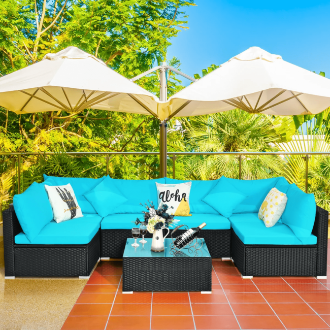 5 Pieces Outdoor Patio Furniture Wicker Sectional Sofa Set (Turquoise Blue and Black)