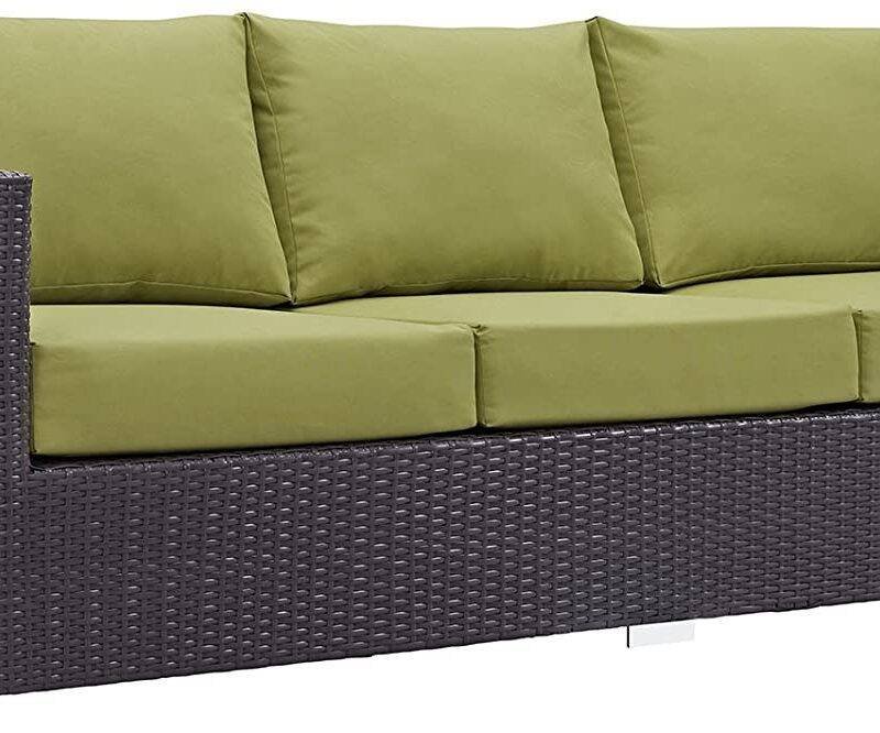 Dark Brown 3-Seater Wicker Rattan Patio Sofa & Green Cushions - Image 3