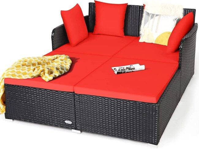 DEVOKO Rattan Daybed Patio Loveseat Sofa Set (Black & Red) - Image 3