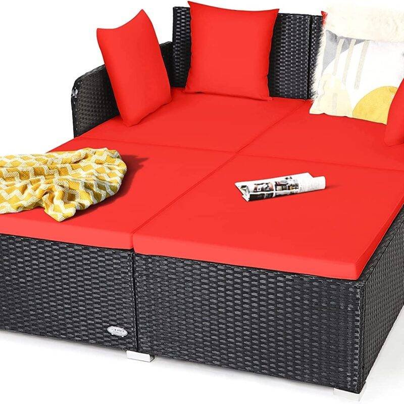 DEVOKO Rattan Daybed Patio Loveseat Sofa Set (Black & Red) - Image 3