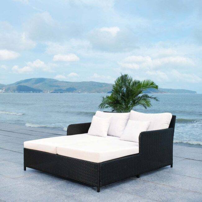 DEVOKO Rattan Daybed Patio Loveseat Sofa Set (Dark Brown & White) - Image 3