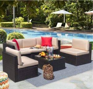 DEVOKO 4 Pieces Outdoor Patio Wicker Conversation Furniture Set (Dark Brown & Cream)