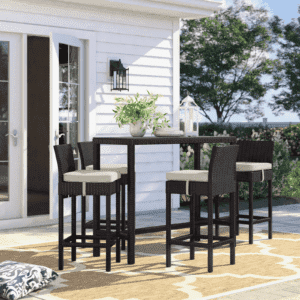 DEVOKO 5 Piece Patio Wicker Dining Bar Set Outdoor Rattan Furniture(Dark Brown & Off-white)