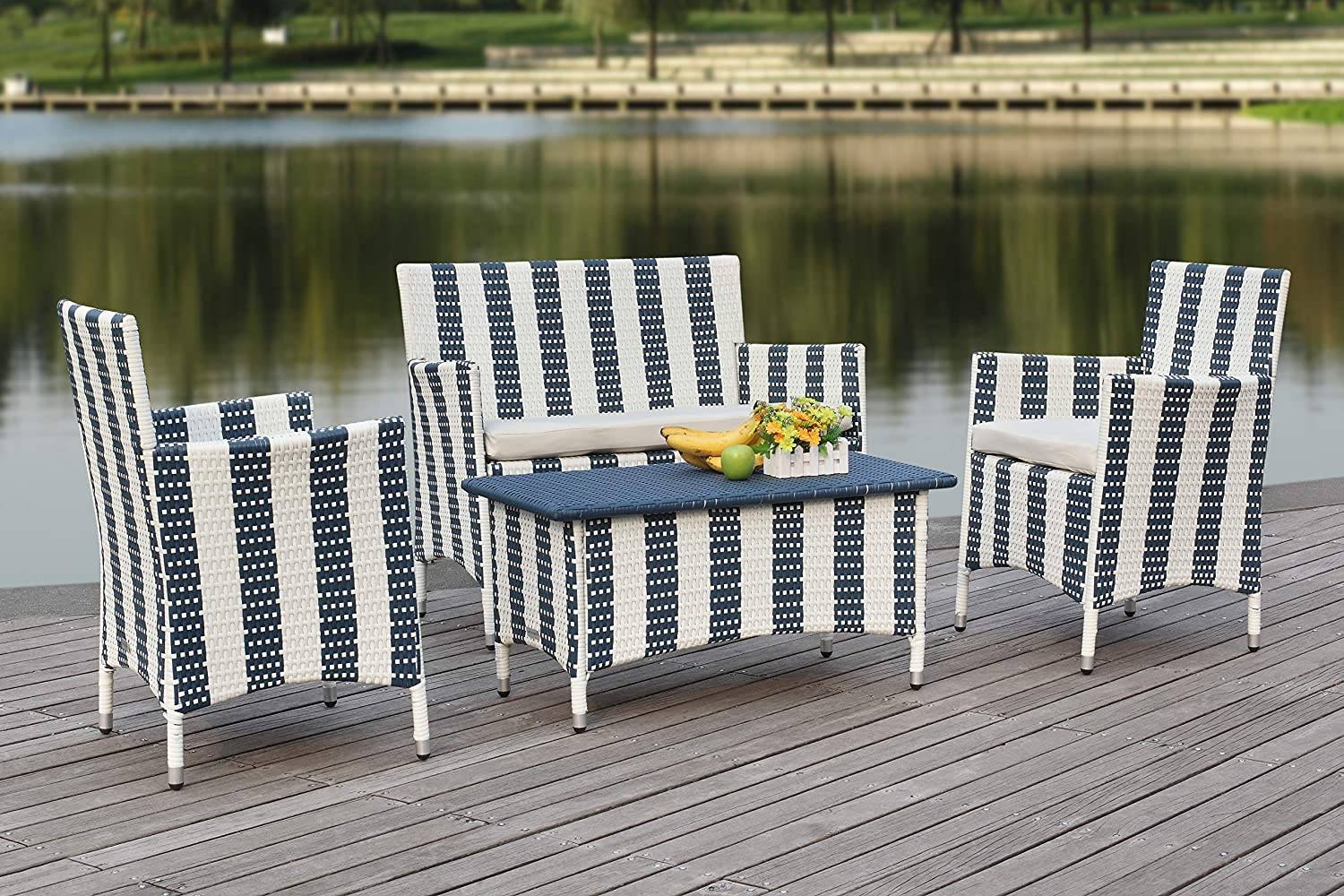 4PCS Patio Rattan Furniture Set (White and Blue Wicker/White Cushion)