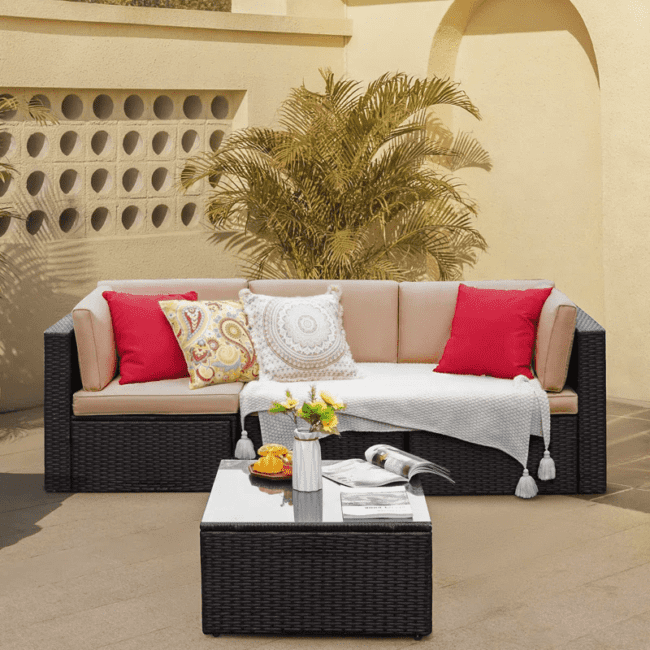 Cream and Dark Brown 2-Piece Rattan Wicker Sectional Sofa Sets