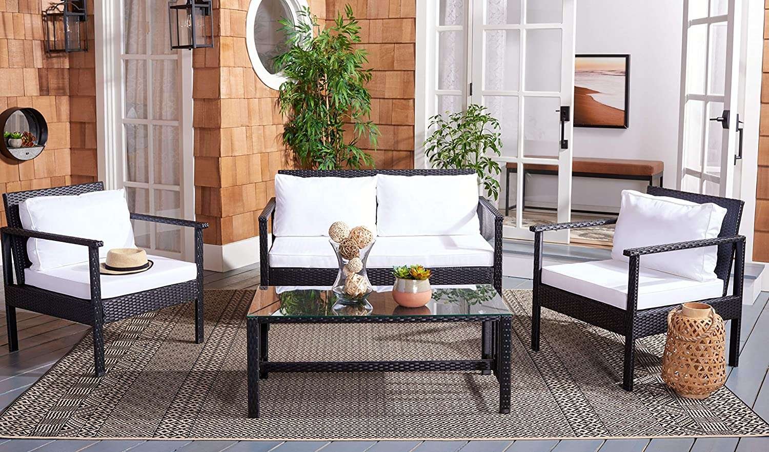 DEVOKO 4 Pcs Patio Furniture Wicker Rattan Conversation Set Outdoor Sofa with Coffee Table(Black & White)