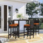 DEVOKO 5 Piece Patio Wicker Dining Bar Set Outdoor Rattan Furniture(Dark Brown & Orange)