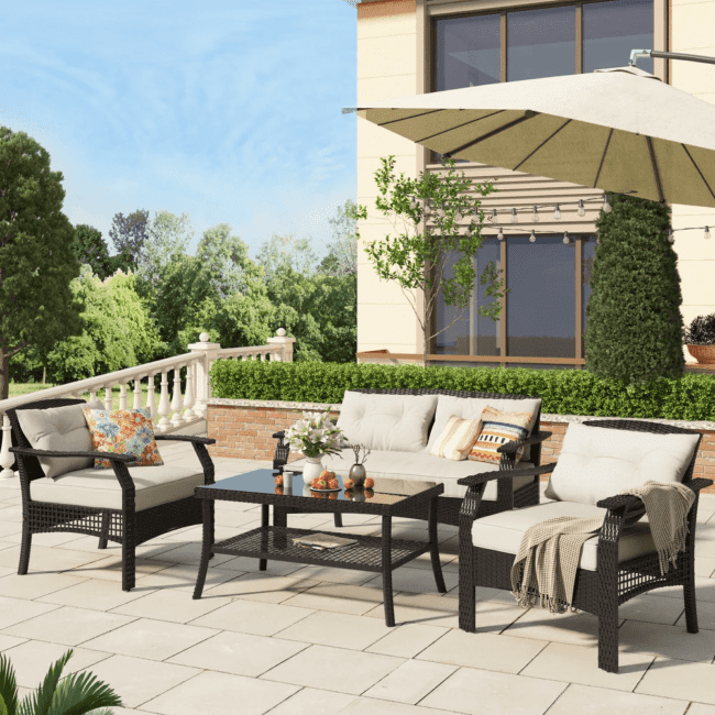 4pc Rattan Sofa Set (Dark Brown/Cream)