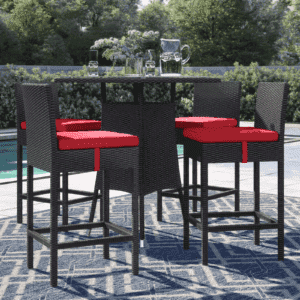 DEVOKO 5 Piece Patio Heighted Wicker Bar Set Outdoor Furniture(Dark Brown & Red)