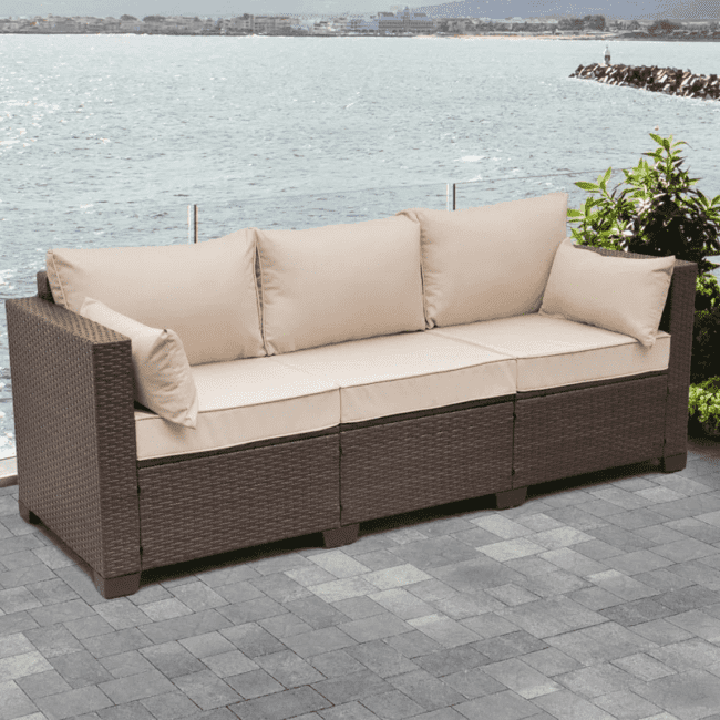 Dark Brown & Cream 3-Seater Patio Wicker Sofa (High Back, Non-Slip Cushioned) - Image 3