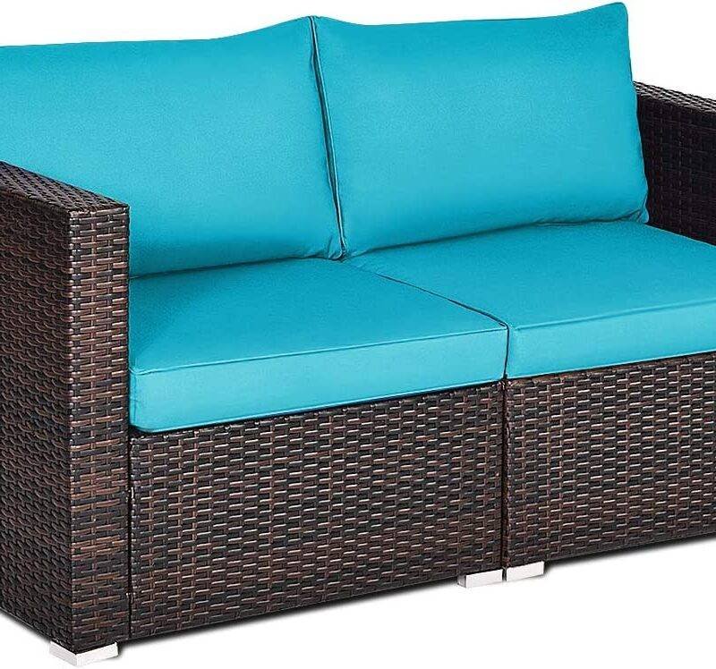 DEVOKO Outdoor Sectional Rattan Sofa Set (Dark Brown & Sky Blue) - Image 2