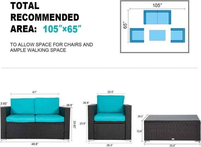 4Pc Outdoor Wicker Rattan Sofa Set with Cushions(Black & Sky blue) - Image 9