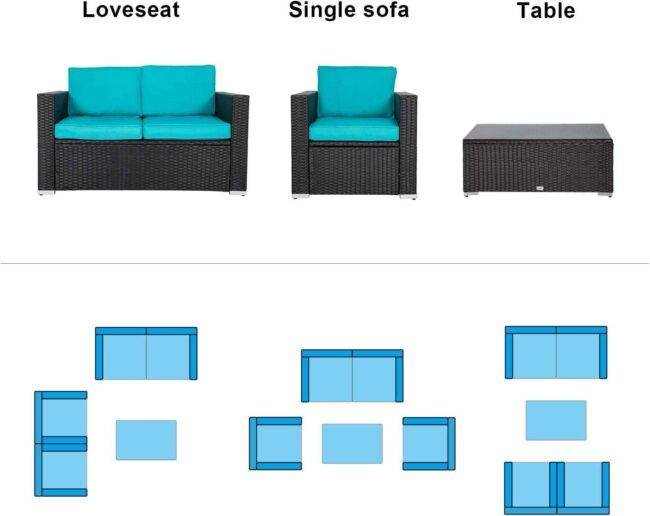 4Pc Outdoor Wicker Rattan Sofa Set with Cushions(Black & Sky blue) - Image 8