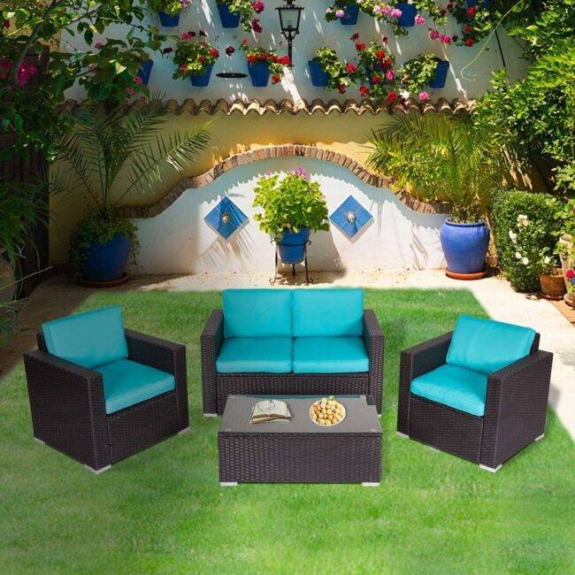4Pc Outdoor Wicker Rattan Sofa Set with Cushions(Black & Sky blue) - Image 7