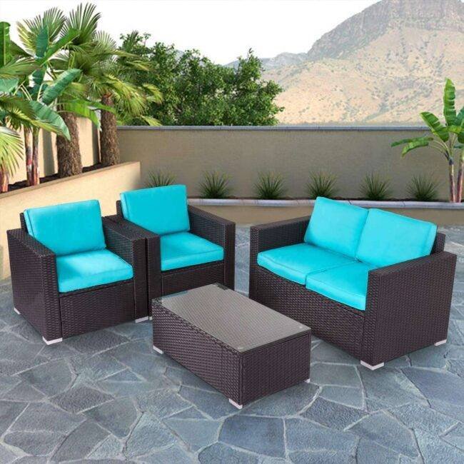 4Pc Outdoor Wicker Rattan Sofa Set with Cushions(Black & Sky blue) - Image 6